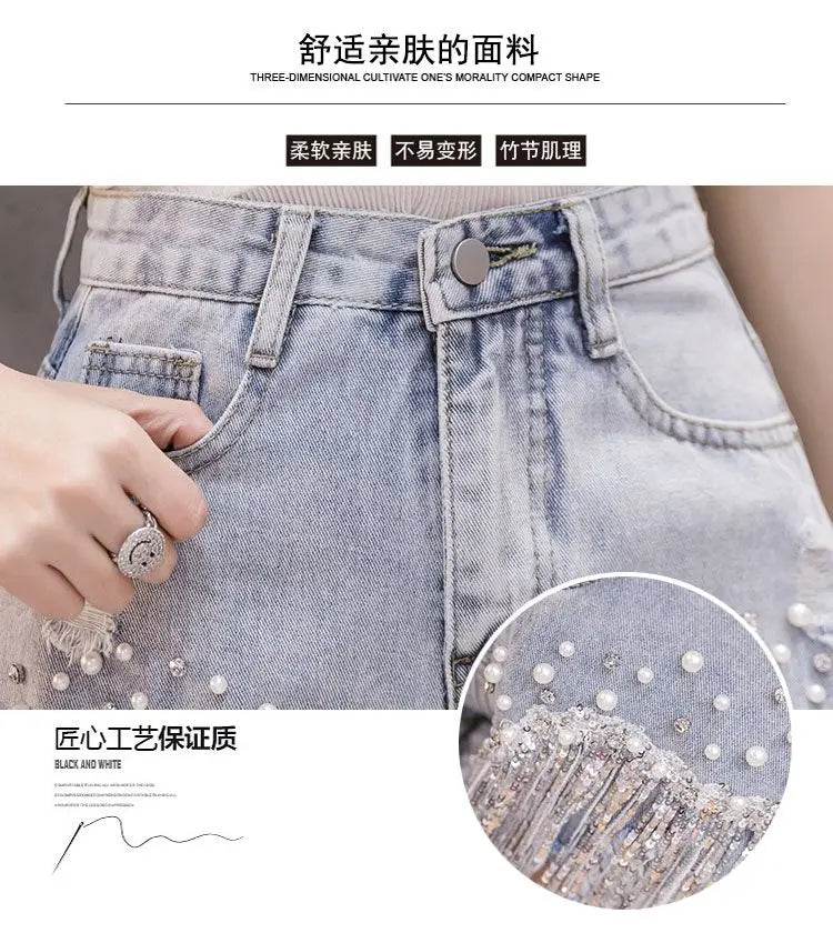 2026 Summer New Personalized Denim Shorts Women's High Waist Diamond Inlaid Heavy Industry sequins Tassel Denim Hot Pants Trendy