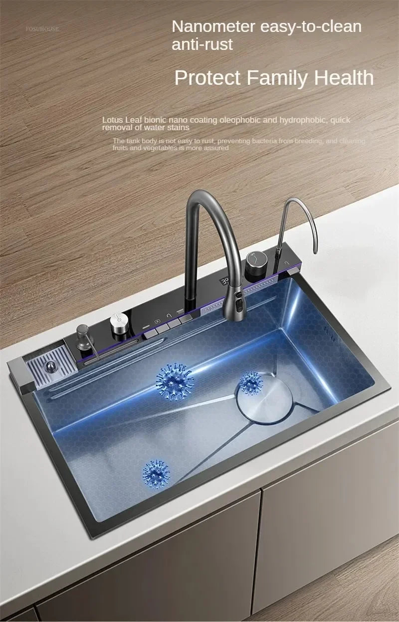 304 Stainless Steel Kitchen Sinks Large Single Bowl Nano Embossed Wash Basin Digital Display Modern Home Station