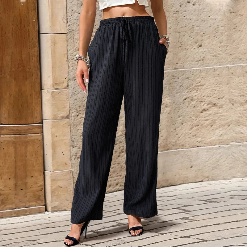Womens High Waist Pleated Wide Leg Pants Simple Versatile Loose Casual Trousers