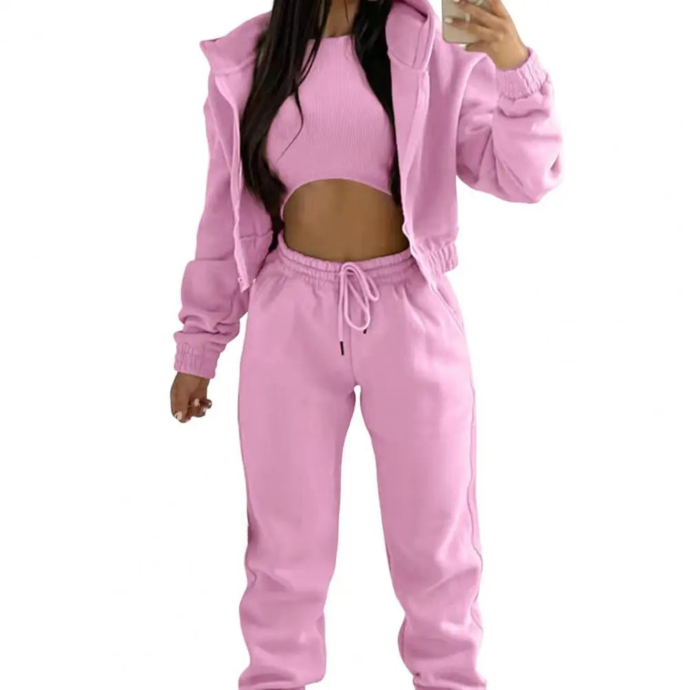 Autumn Winter Outfit Women Polyester Outfit Set 3 Piece Women’s Sweatsuit Set Fleece Zip-up Hoodie Jogger Sweatpants for Fall