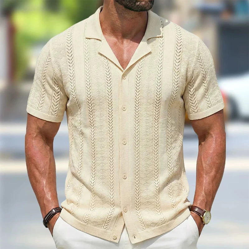 Summer Men Knitted Cardigan Polo Shirts Short Sleeve Striped Jacquarded Business Shirts American Retro Premium Quality Knitwear