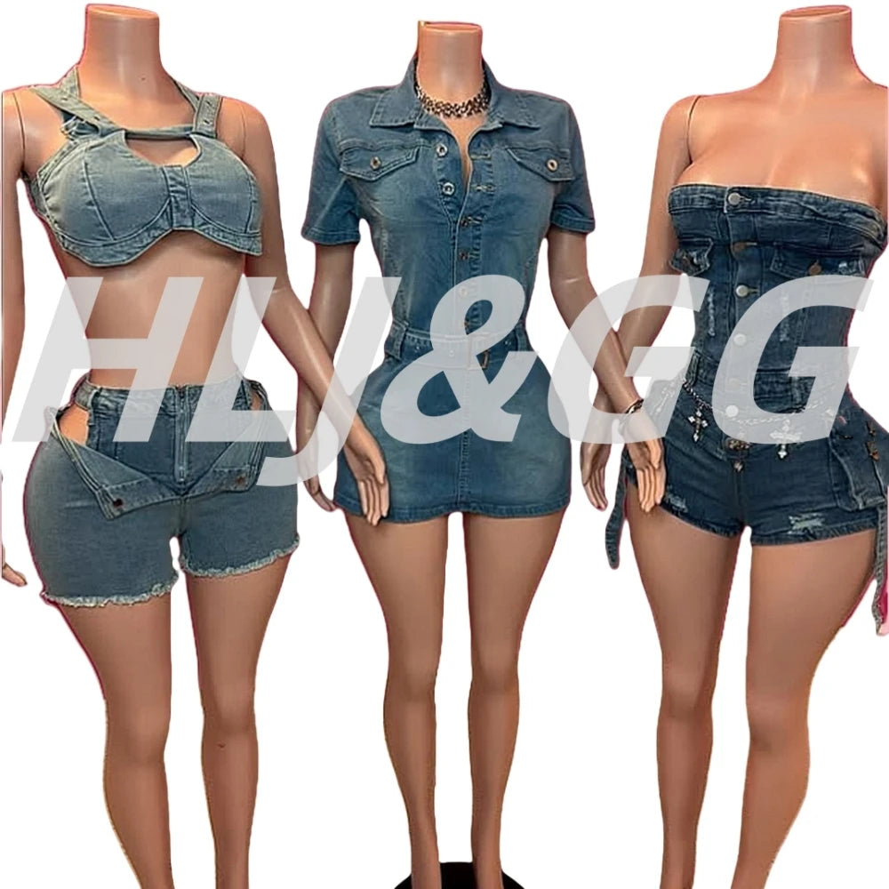 HLJ&GG Blue Denim Fashion Hollow Out Shorts Two Piece Sets Women Sleeveless Backless Bandage  Crop Top And Shorts Cowboy Outfits