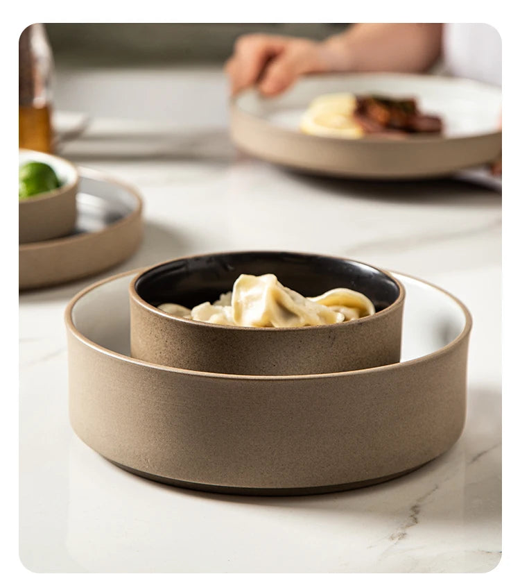 Retro Japanese Style Ceramic Bowl Set for Home Use round Shape Dinnerware Tray Dumpling Soup Noodle Bowl Matte Finish Utensils