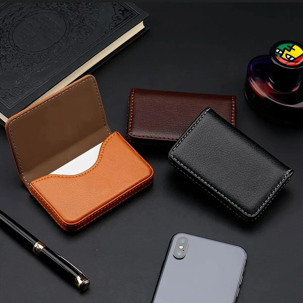 Portable PU Leather Business Card Holder Case with Magnetic Buckle Large Capacity Name Card Holder Bank Credit Card Box