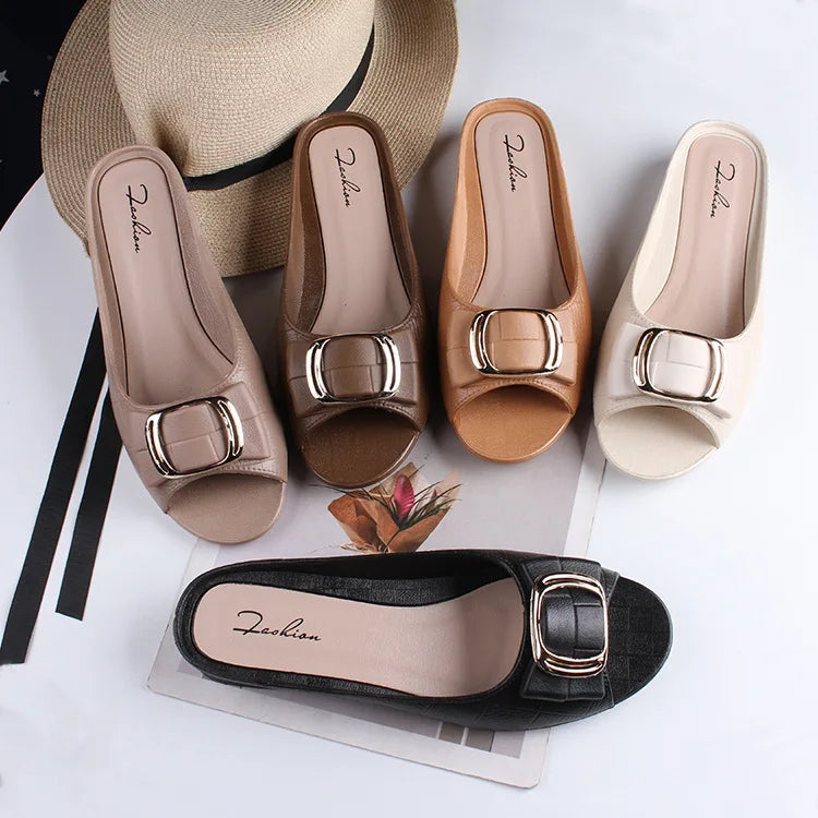 Summer Women Square Buckle Open-Toe Slippers Single Strap Flat Sandals Lady Solid Color Outdoor Beach Shoes Adult Casual Sandals