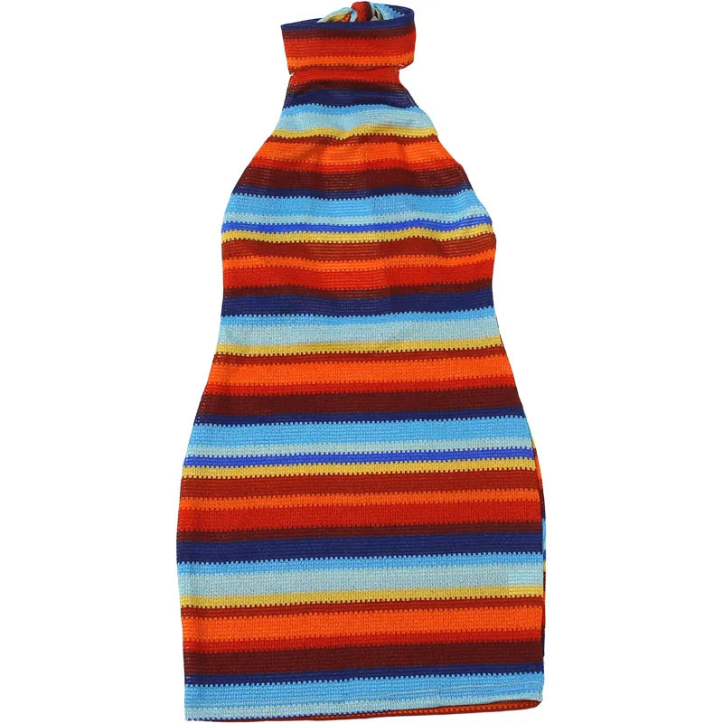 Cryptographic Striped Knit Halter Mini Dress Colorful Contrast Sleeveless Backless Summer Casual Clubwear Bodycon Short Dresses