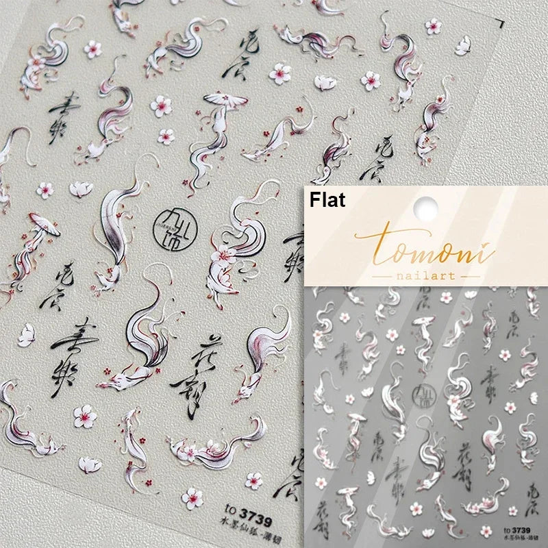 Elegant Chinese Charm Shiny Nine-tailed Fox Mask Red Equinox Flowers Tragedy Love Soft Reliefs Nail Art Stickers Manicure Decals