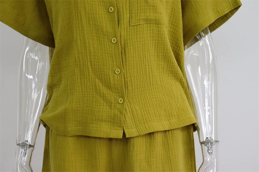 Summer Two Piece Set Women Shorts Suit Green Lapel Long Sleeve Shirts Sets Female Elegant Casual High Waist Pants Lady Outfits