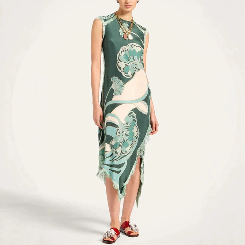 Printed Women's Dress Half Sleeve Round Neck Long Dress Tassel Hem Dress Daily Fashion Outfit Suitable for Date Party 2026
