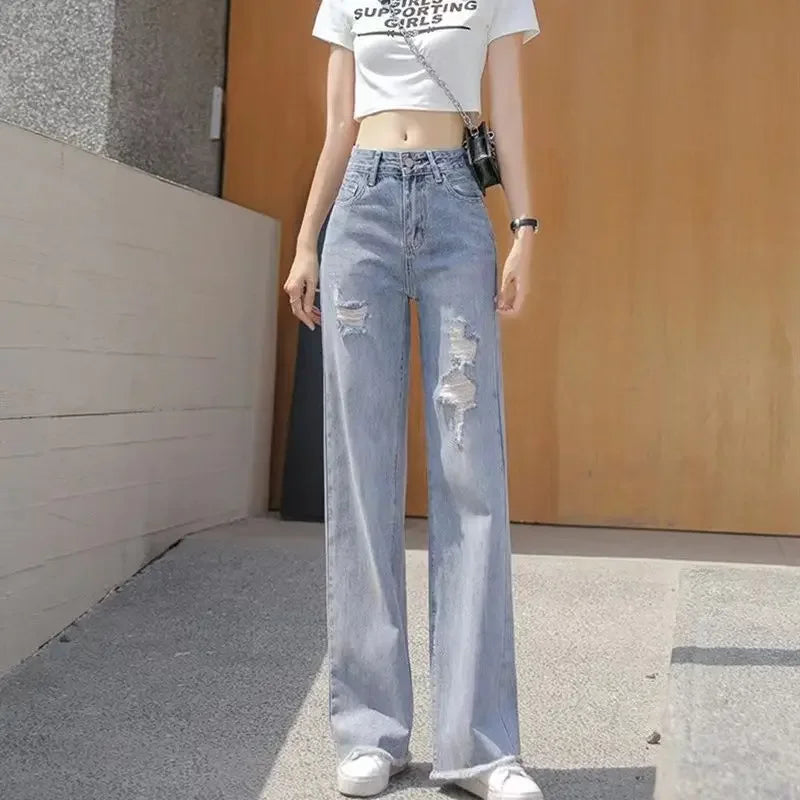 Torn Trousers with Pockets Women's Jeans Holes Blue High Waist Shot Female Denim Pants Ripped Vibrant R Wholesale Baggy Basics Z
