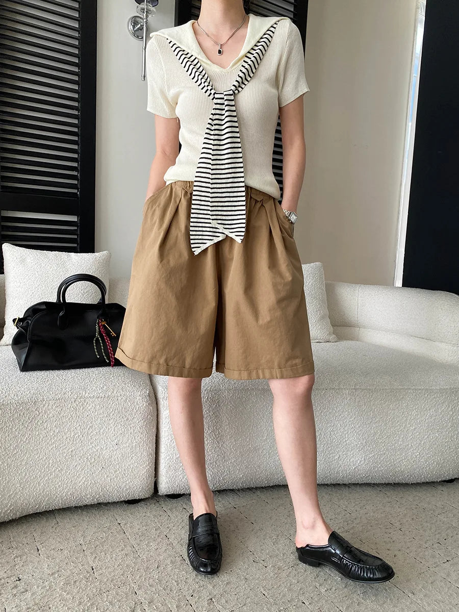 Summer women's relaxed loose wide leg A-line casual shorts versatile