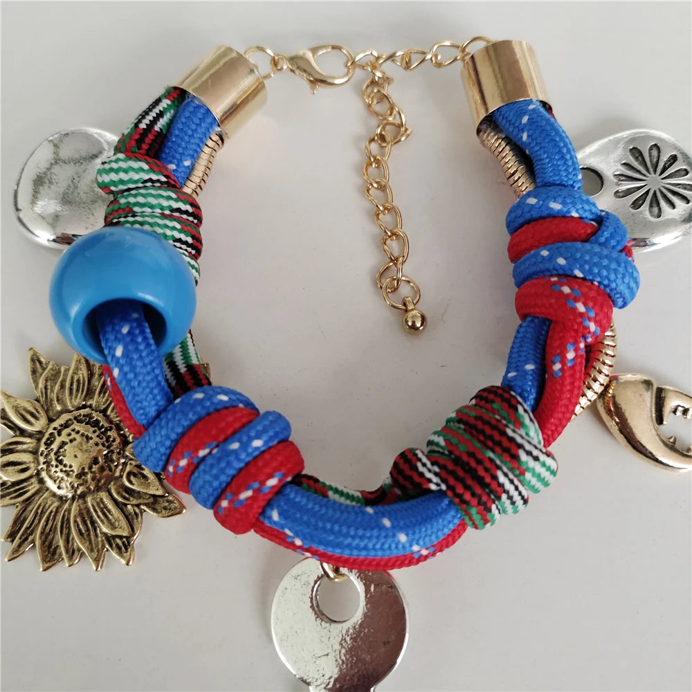 Fashion Trend Retro Sun Key Pendants Hand Woven Rope Choker Necklace Women Indian Ethnic Vintage Statement Necklace Lady Jewelry