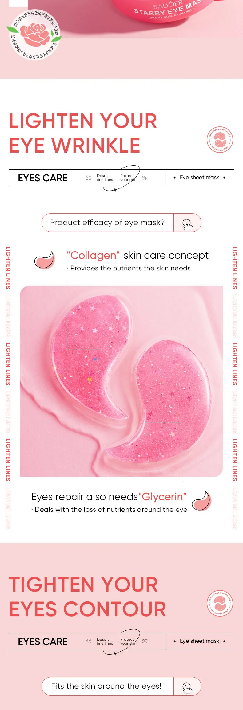 60pcs SADOER Rose Starry Collagen Eye Mask Anti Dark Circles Remove Eyes Bags Moisturizing Firming Eye Patches Eyes Skin Care