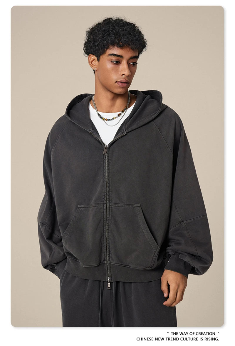 ZODF Heavy Wieght 480gsm Washed Cotton Boxy Zipper Hoodies For Man Unisex Retro Patchwork Off Shoulder Hooded Coats HY1152