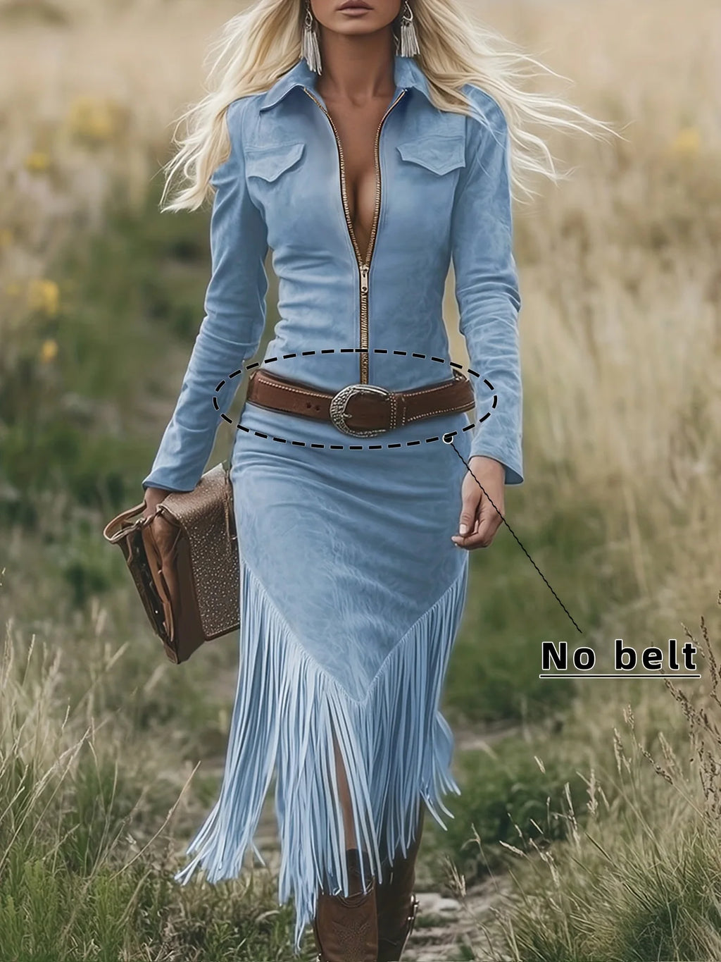 Denim Suede Fringed Slim Fitting Western Long Sleeved Dress