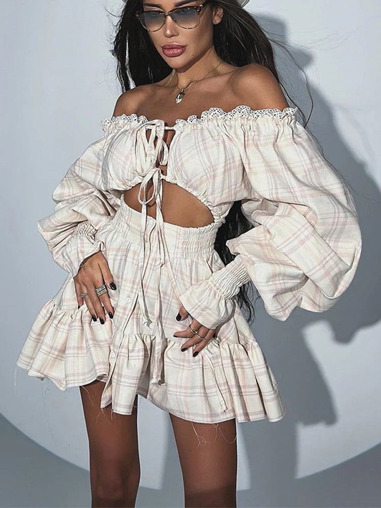 Slash Neck Lace Up Hollow Out Mini Print Dress Women Sexy Lantern Full Sleeve Backless Evening Dresses Hot Girl Summer Partywear