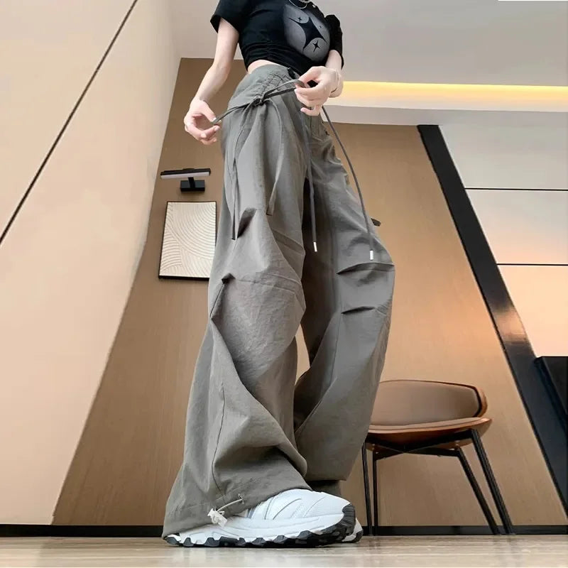 2026 Spring Summer New Women Pants Drawstring High Waisted Female Wide Leg Trousers Casual Vintage Korean Ladies Slim Work Pants