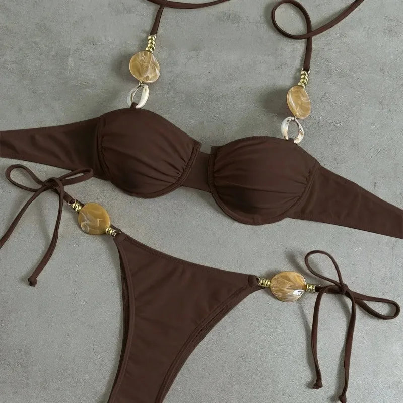 New Women's Sexy Halter Neck Backless Bikini Set Two-Piece Swimwear Solid Color Euro American Style Summer Beach Fashion