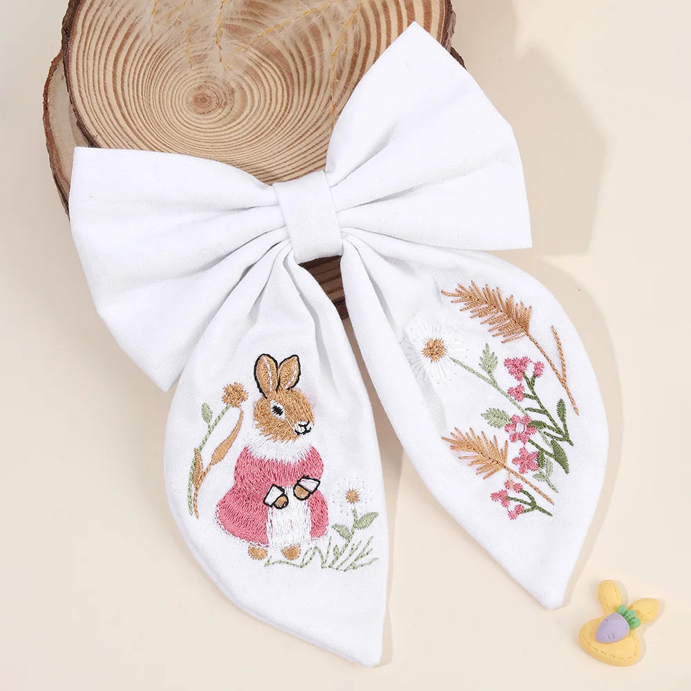 Rabbit Embroidery White Bow Hair Clip Sweet Girls Bunny Bowknot Hairpin Handmade Fabric Kids Cute Headdress Headwear Accessories