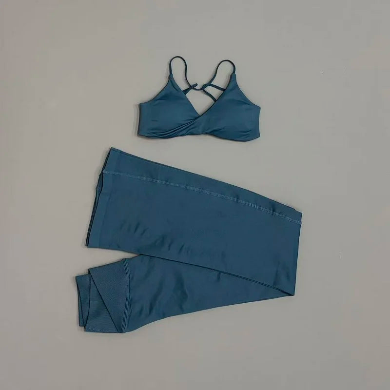 2Pcs Sports Set Women Seamless Front Tie Crossover Bra Crossover Waist Flare Leggings Sets Gym Fitness Workout Sports Sets