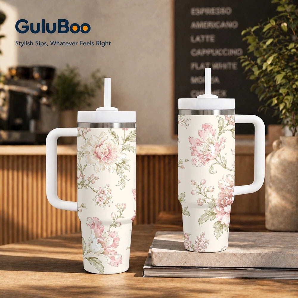 Floral Seamless Patterns Vacuum Flasks 40oz Stainless Steel Insulated Tumbler With Handle & Straw Leakproof Travel Mug