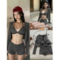 Women V Neck Striped Three Piece Split Bikini Tummy Control Conservative Shorts Swimsuit Sexy Beach Vacation Spa Summer Suit