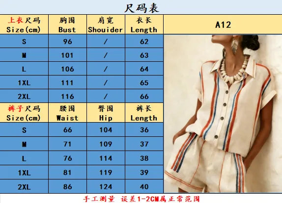 2026 Women Two-piece Set  Vertical Striped Top Women's Summer Loose Casual Versatile Lapel-neck Shorts Sleeve Shirt Shorts Suit