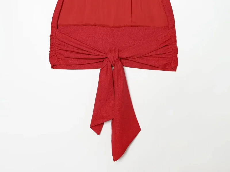 Women's Red Pants Sets Sexy Halter Backless Ruched Crop Tank Top Suit Elegant Female 2 Piece Sets Summer Woman New Matching Sets