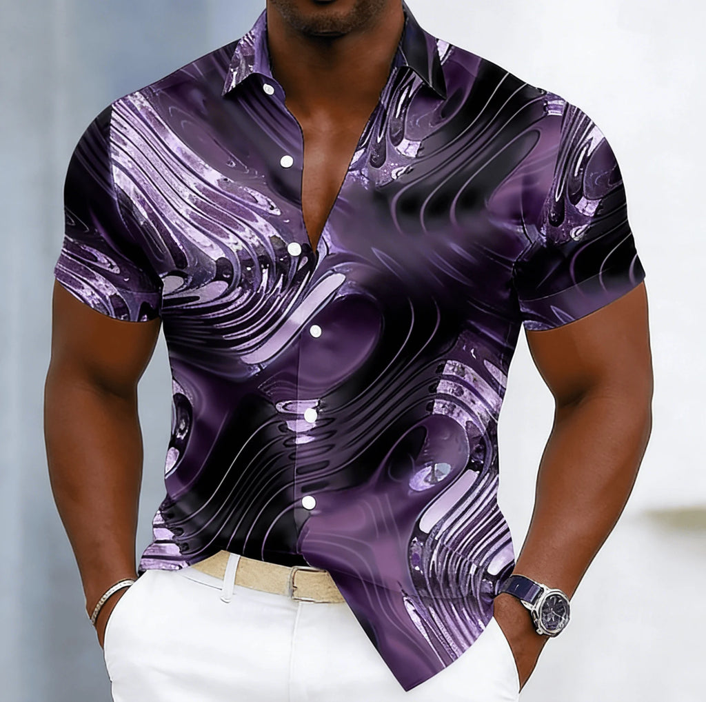 Men's Cyberpunk Fluid Gradient Print Short Sleeve Shirt, Spring Summer Edgy Casual Party Blouse, Loose Casual Top