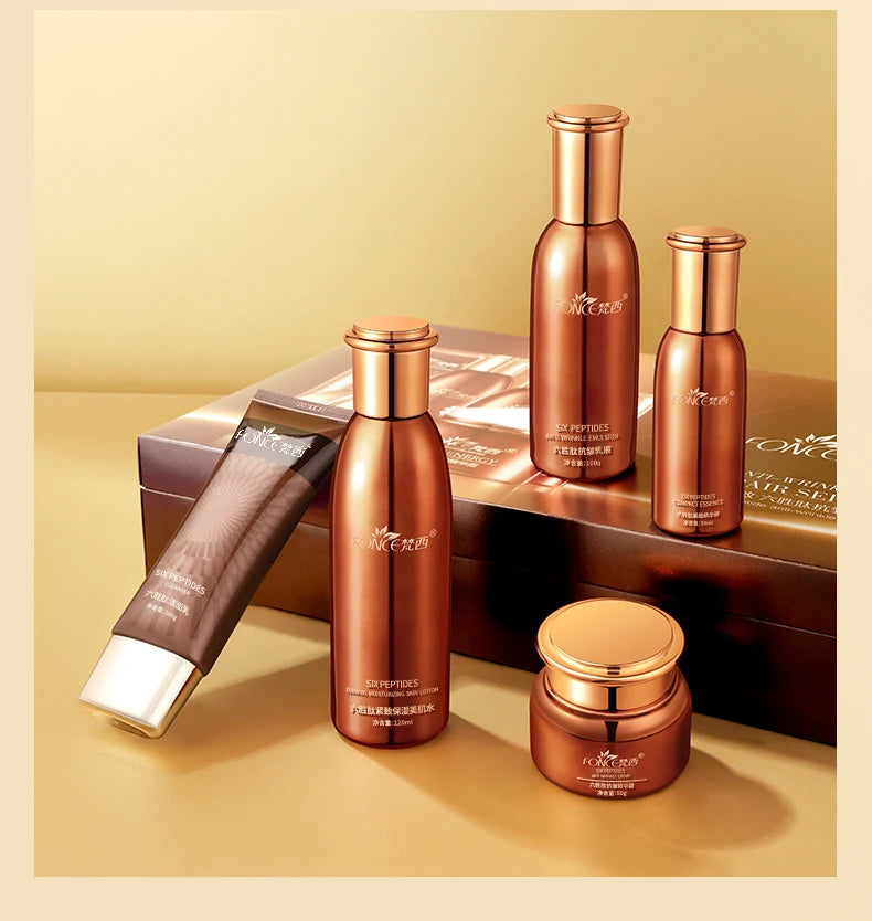5PCS FONCE Hexapeptide Firming Anti-aging Beauty Set Contains Facial Cleanser Serum Toner Anti-Wrinkle Cream Women Face Care Kit
