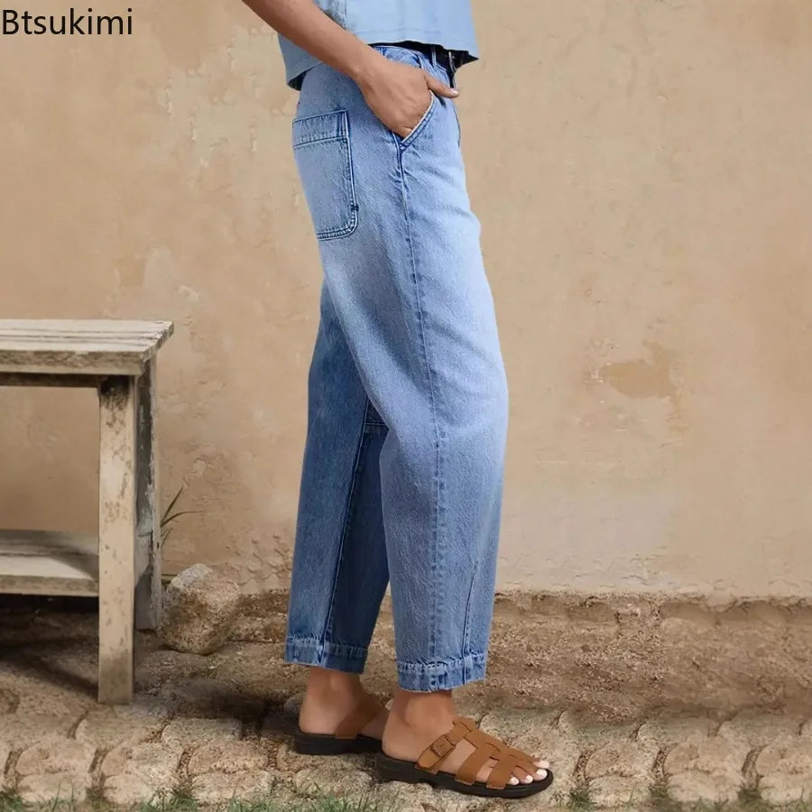 New Women High Waist Loose Straight‑Leg Cropped Jeans Washed Vintage Denim Ankle Pants Casual Daily Streetwear Denim Trousers