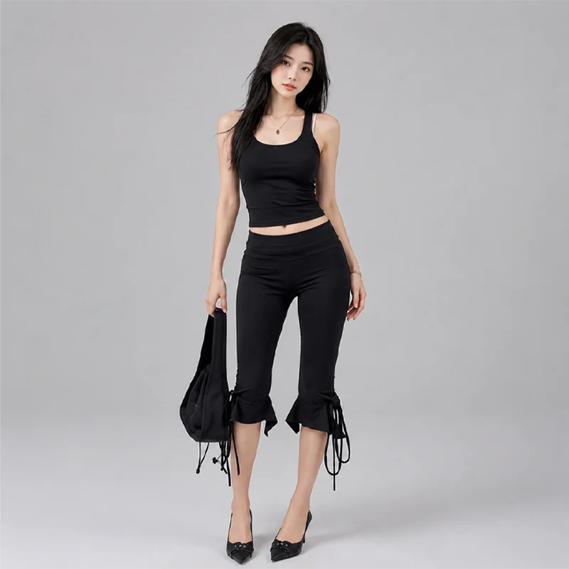 Women Black Slim Mid Waist Capri Pants Drawstring Ruffle Hem Casual Streetwear Summer Lounge Daily Going Out Comfy Wear