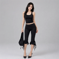 Women Black Slim Mid Waist Capri Pants Drawstring Ruffle Hem Casual Streetwear Summer Lounge Daily Going Out Comfy Wear