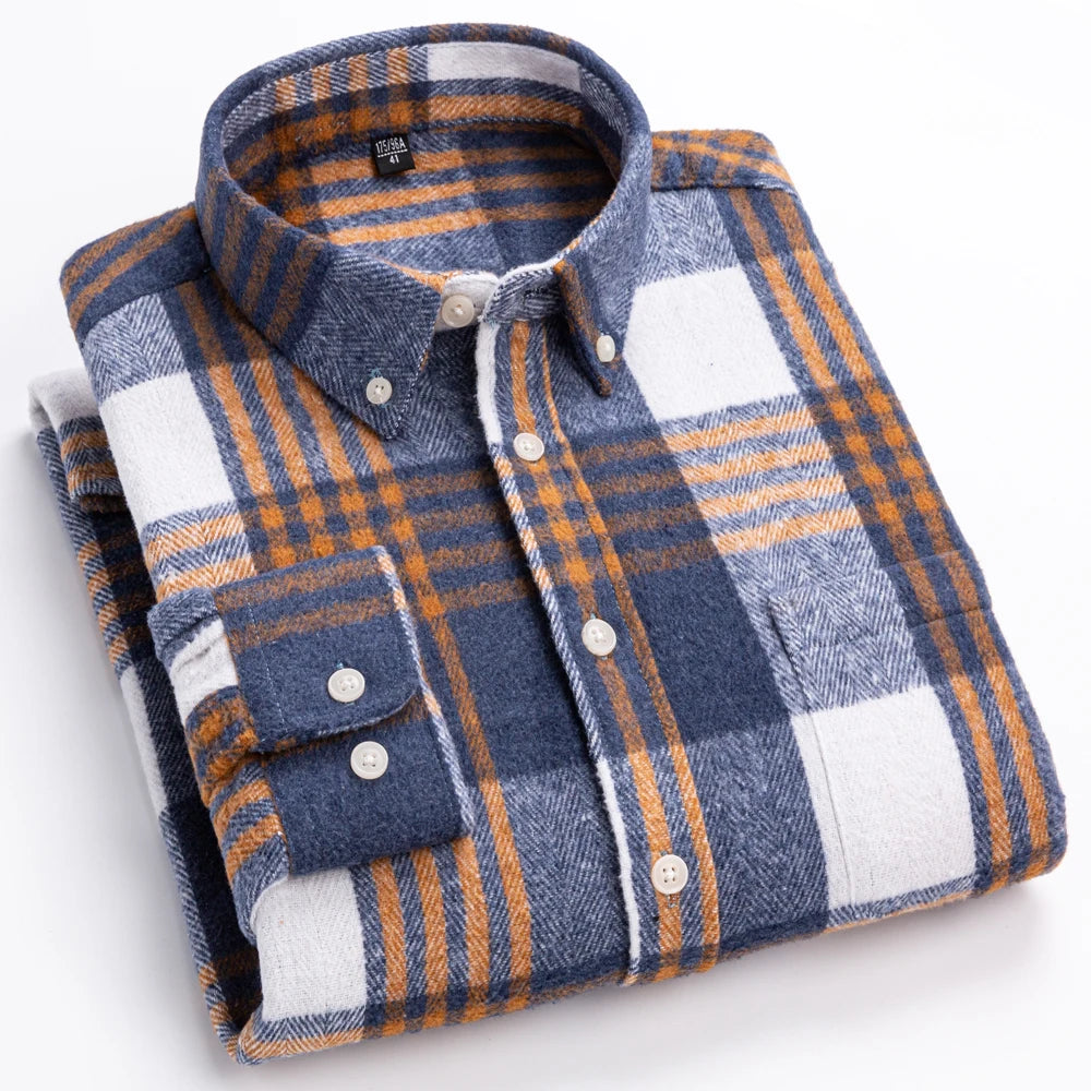 Men's Long Sleeve Flannel Plaid Shirt - Soft Pure Cotton, Button Down Shirts Thick Autumn Winter - Weekend Casual, Going Out