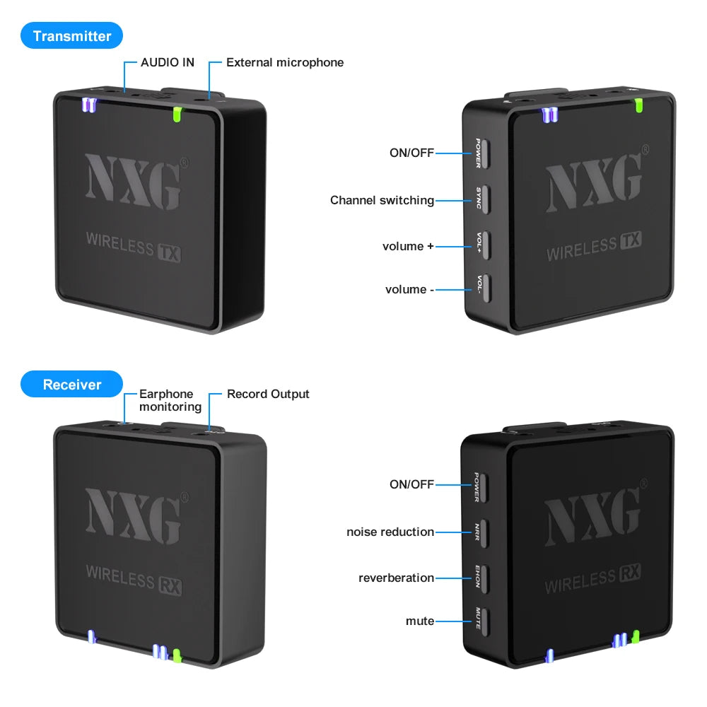 Factory Direct NXG Wireless Lavalier Microphone 1‑to‑1/2 Dual Transmitter Lapel Mic Noise Cancelling 360° Pickup For Smartphone Camera Vlogging Live Broadcast