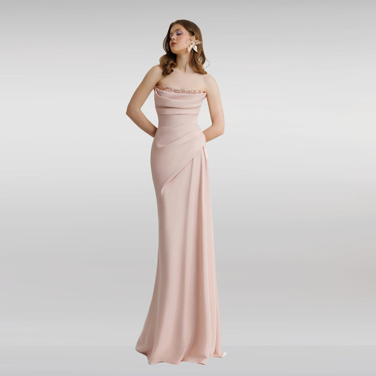 Sharon Said Dubai Elegant Pink Strapless Evening Dress with Pleats Beaded Mermaid Wedding Party Gown SF431 Customized