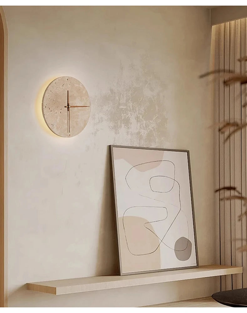 Modern Creative Clock Living Room Wabi Sabi Wall Lamp Nordic Simple Yellow Travertine Restaurant Corridor Circular Sconce Light