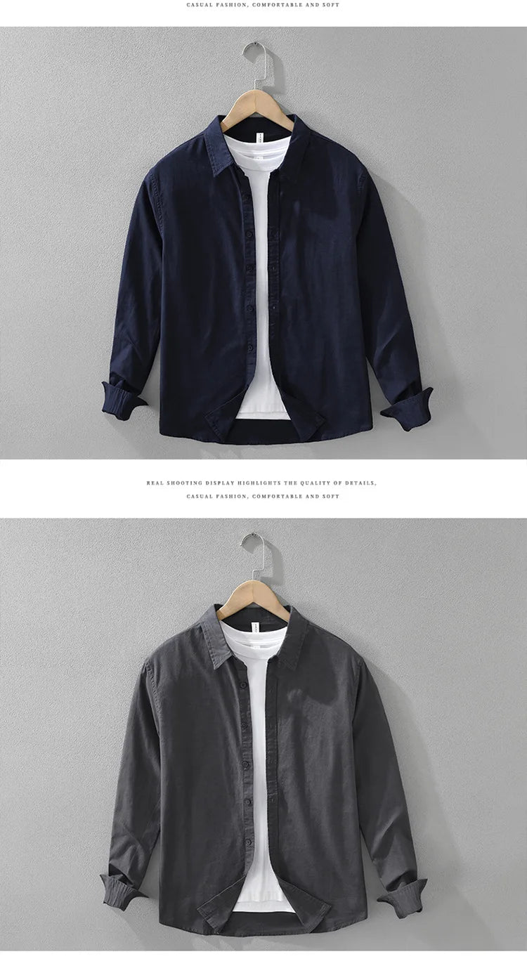 7369 Cotton Linen White Shirt for Men Good Quality Solid Color Simple Basic Long Sleeve Loose Casual Lapel Blouse Breathable Top