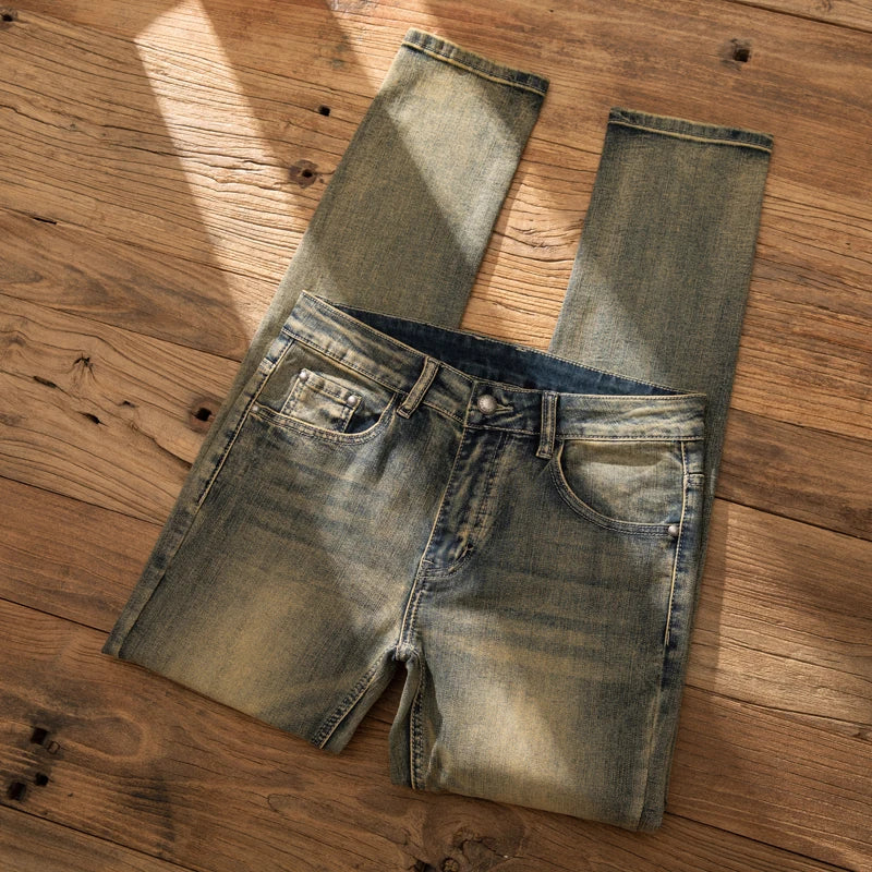 2026 European Trendy Brand Yellow Mud Jeans Men's Retro Old Slim Fit Fashion Long Pants Autumn and Winter Thick Pants