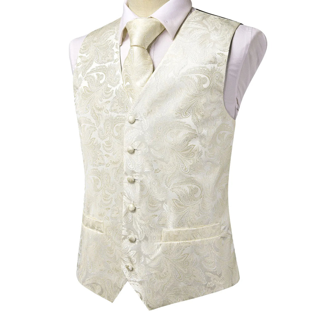 Hi-Tie Silk Mens Waistcoat Tie Set Gold Brown Orange Beige Ivory Khaki Bronze Sleeveless Jacket Suit Vest Necktie Hanky Cufflink