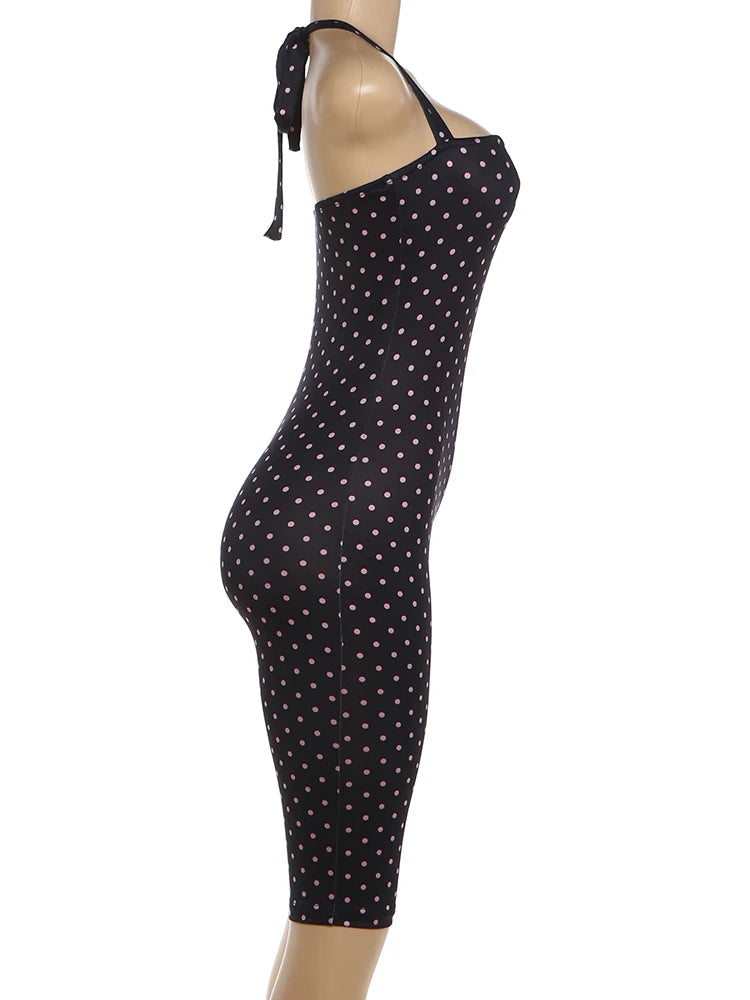Kliou Sexy Off Shoulder Playsuits Woman Polka Dot Print Bandage Halter Backless Skinny Peach Hip Hot Girls Street Fashion Romper