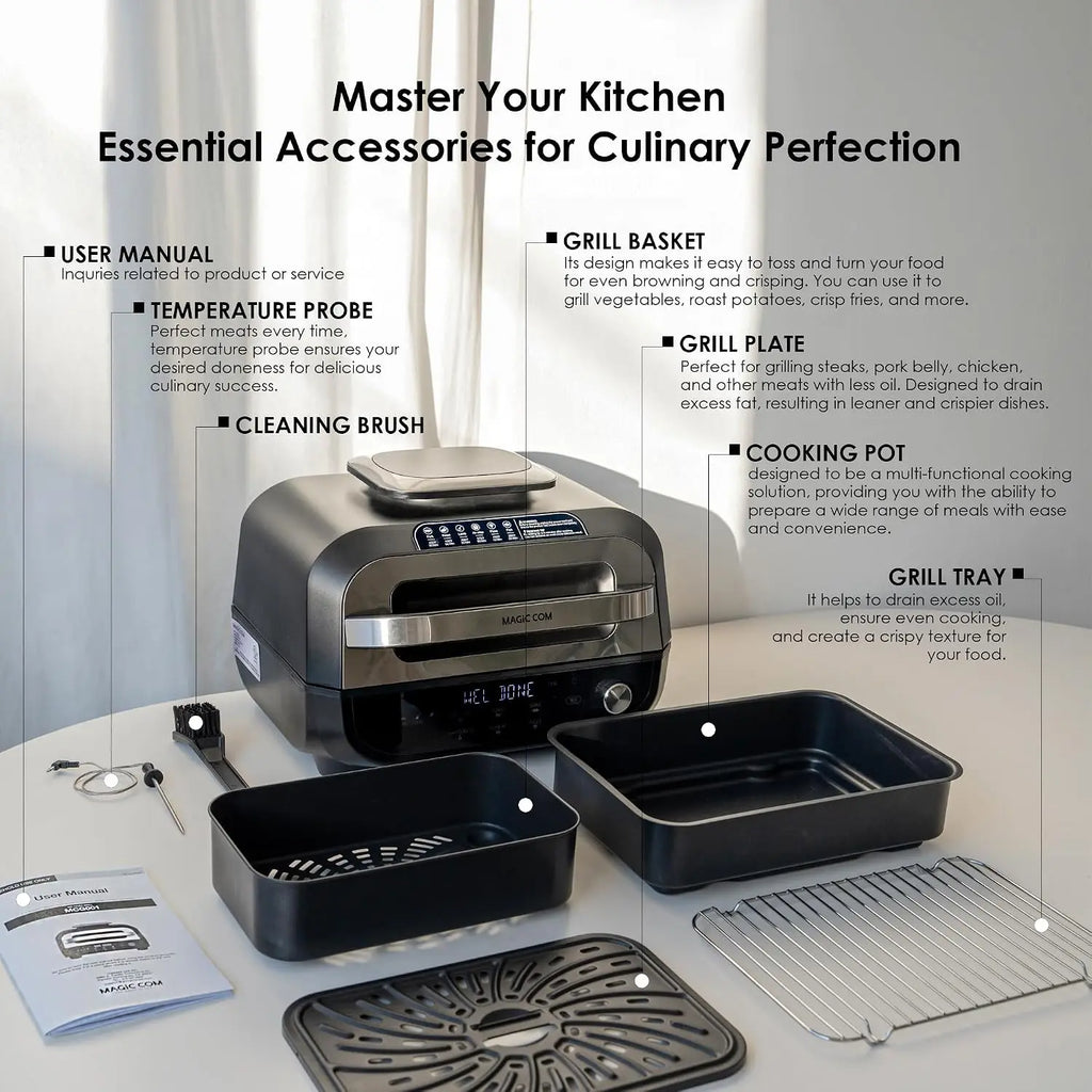 Indoor Grill Air Fryer Combo, 7-in-1 Electric Grill with Steak, Roast, Air Crisp, Bake, Dehydrate, Pizza and Reheat. Smart Therm