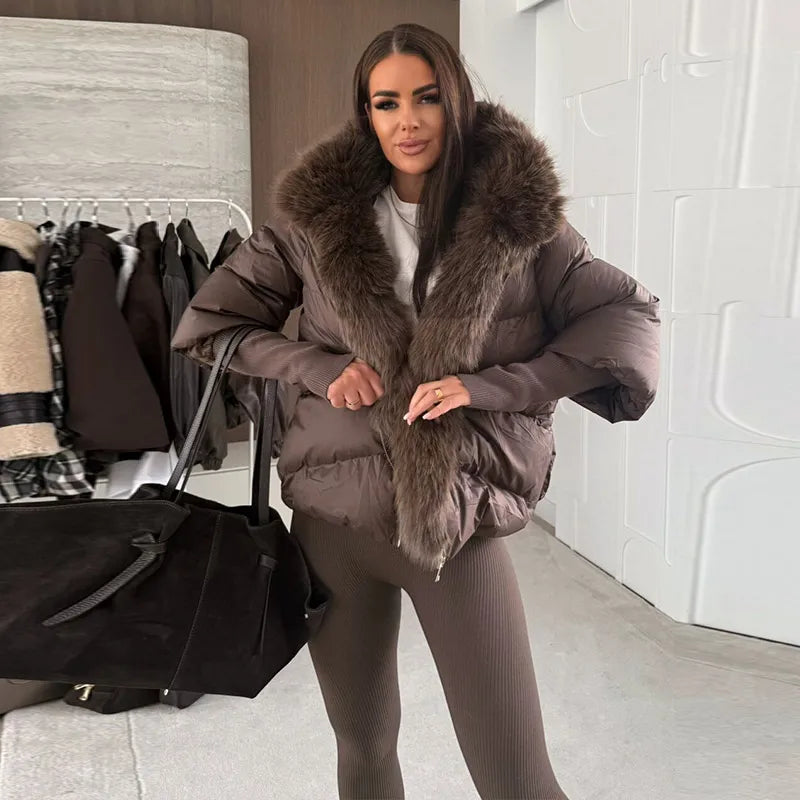 Fashion Women's Faux Fur Hooded Winter Jackets 2025 Warm Patchwork Zipper Full Sleeve Coats Puffer Female Solid Down Jacket