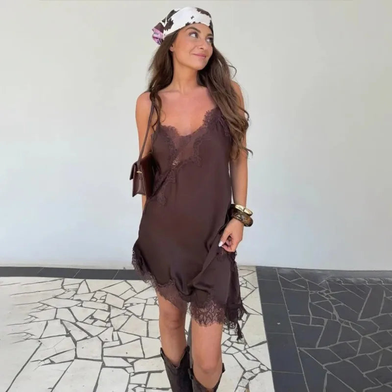 Tuularose Women's Lace Spaghetti Strap Dress Sexy Sleeveless Lace Patchwork Asymmetrical Dress Summer Party Looks Elegant Dress