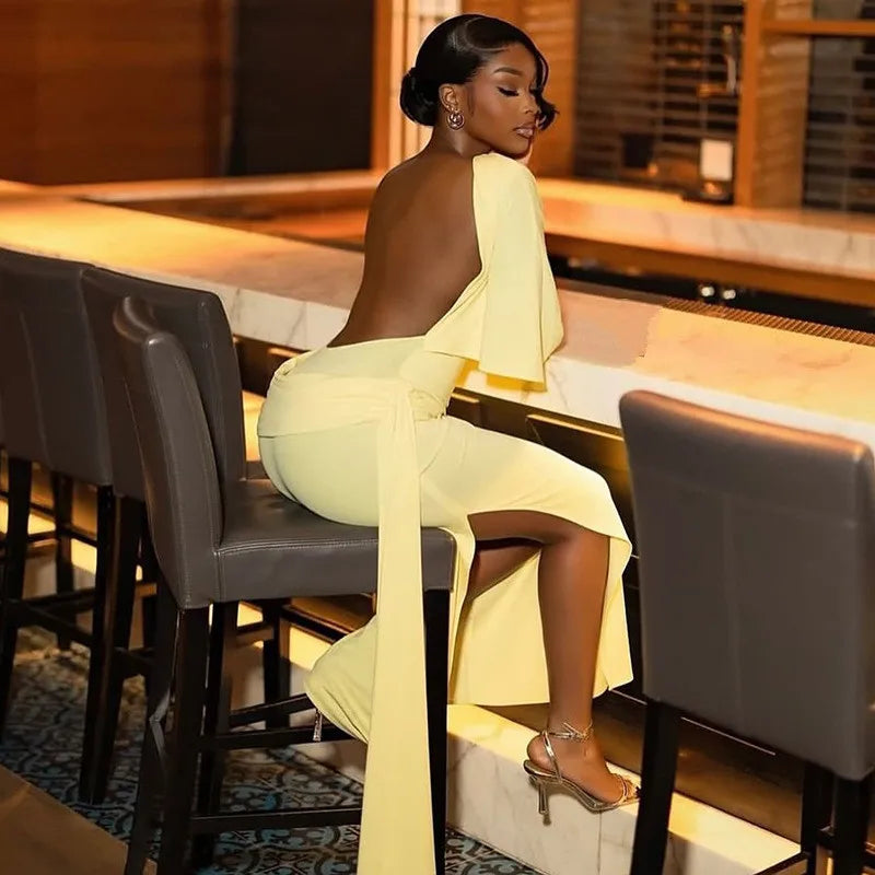Joskaa Elegant O-Neck Half Sleeve Backless Ruched Slit Bodycon Maxi Dress for Woman 2025 Fall Birthday Evening Vacation Clubwear