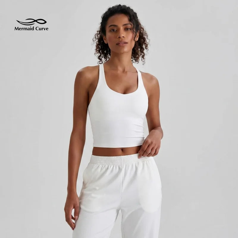 Longline Yoga Tank Top with Built in Bra Women Quick Dry Gym Camisole Workout Shirts Soft Slim Fit Sports Vest Athleisure