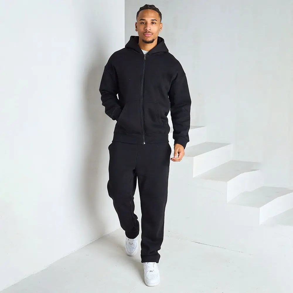 Mens Oversized Zip Up Hooded Jacket Elastic Cuff Jogger Pants Two Piece Casual Tracksuit Set