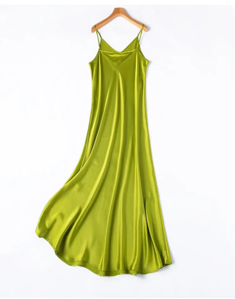 Tcyeek Woman Long Dress, 100%Real Silk, V Neck, Solid Spaghetti Strap Dresses, 2025 Elegant Chic Clothes