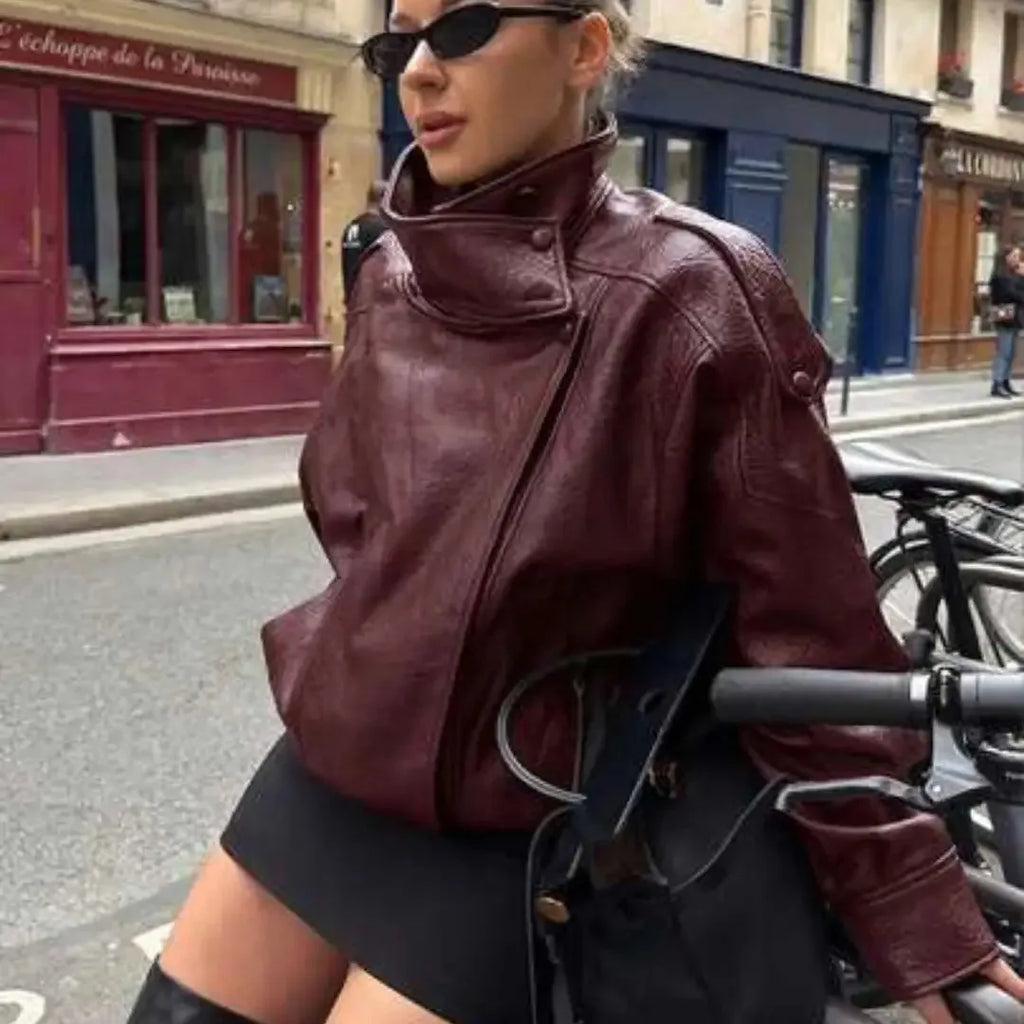 Fashion Black Faux Leather Short Jackets Women Retro High Neck Long Sleeve Oversized Coats Lady Autumn Winter Classic Streetwear