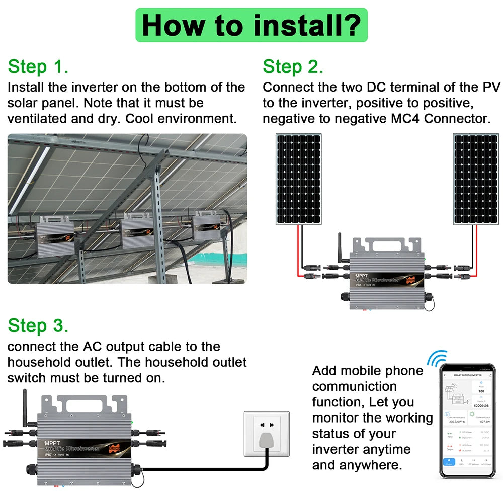 700W Micro Solar Grid Tie Inverter 22-60V DC To AC 80-260V MPPT Build In WIFI Microinverter 2 × 350W Solar Inverter Converter
